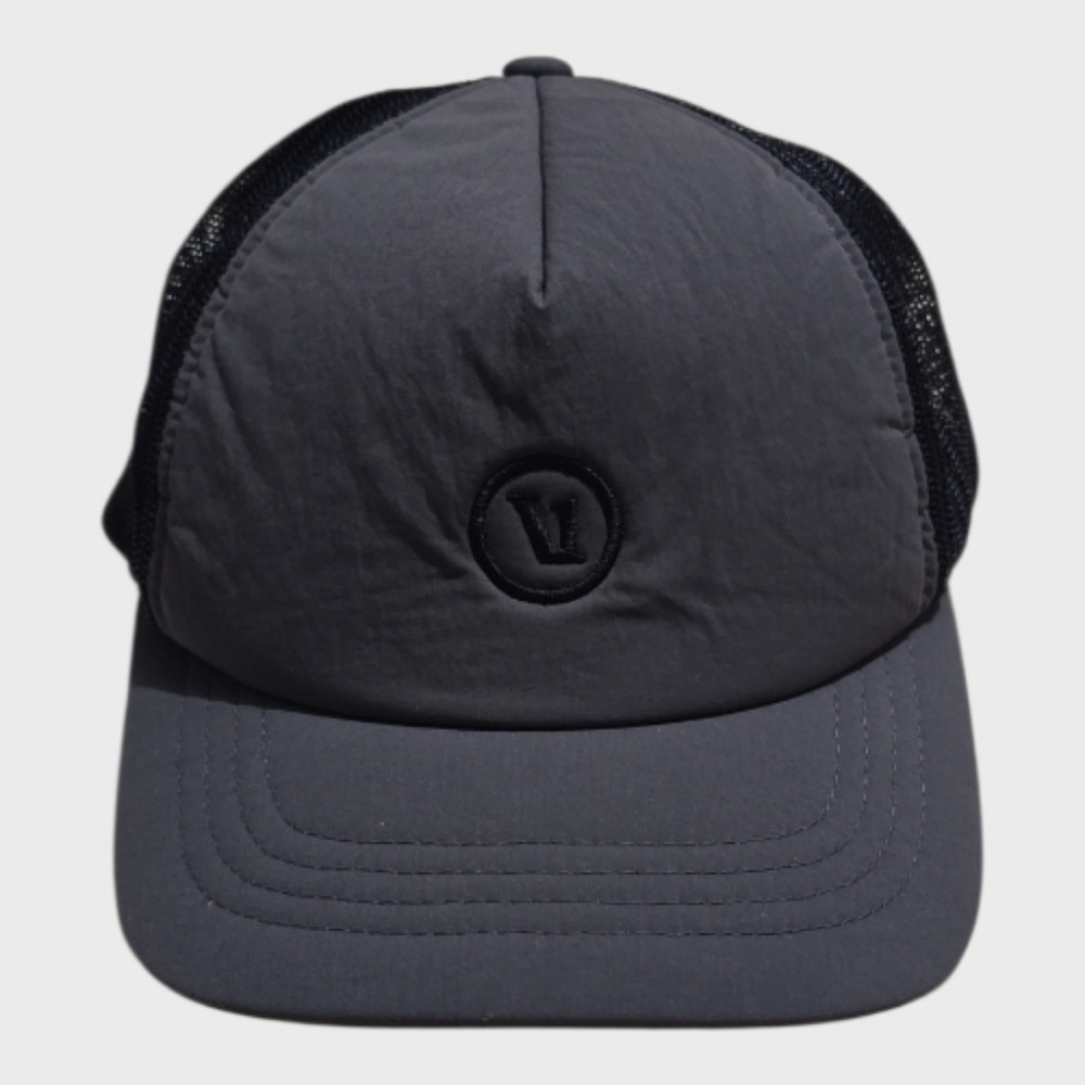 Vuori Foam Trucker Hat Men's Snap Back Vintage Charcoal Logo Outdoors Casual